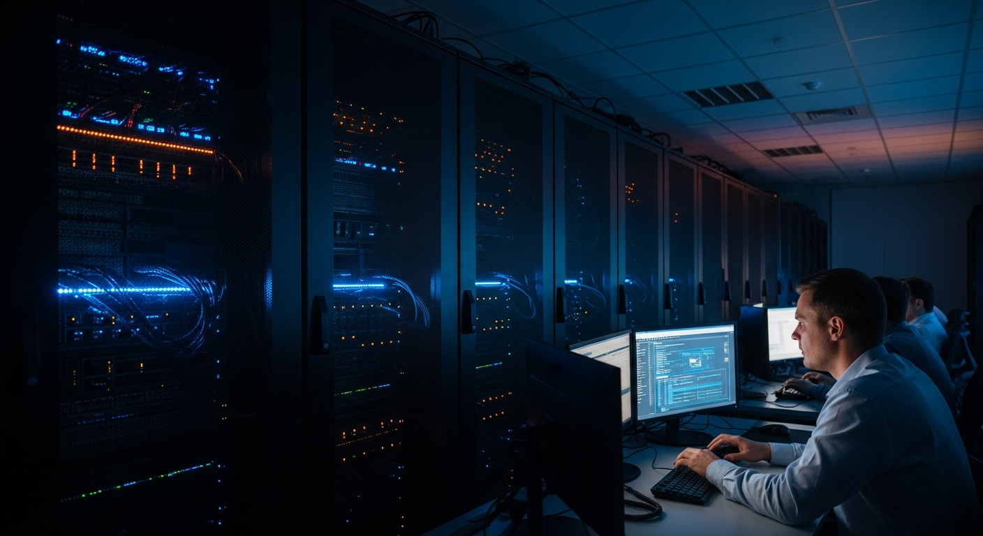 ransomware targeting shift — Wide shot of a server room or data center with multiple server racks and blinking lights, photographed at an angled perspective to convey scale and the complexity of network infrastructure that attackers navigate through.