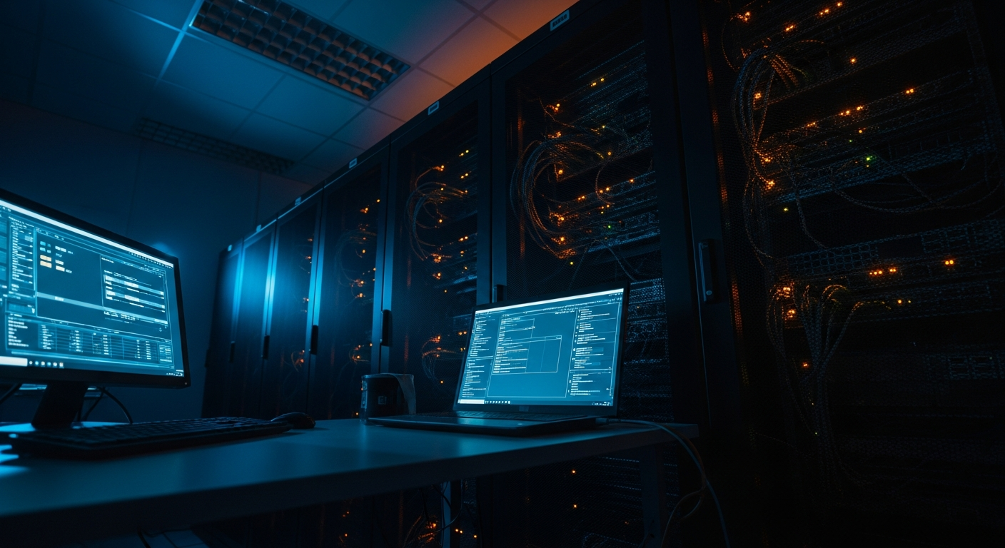 remote management tools — Wide shot of server room racks with glowing indicator lights and cables, photographed from a low angle to convey the scale of infrastructure at risk from compromised remote management tools.