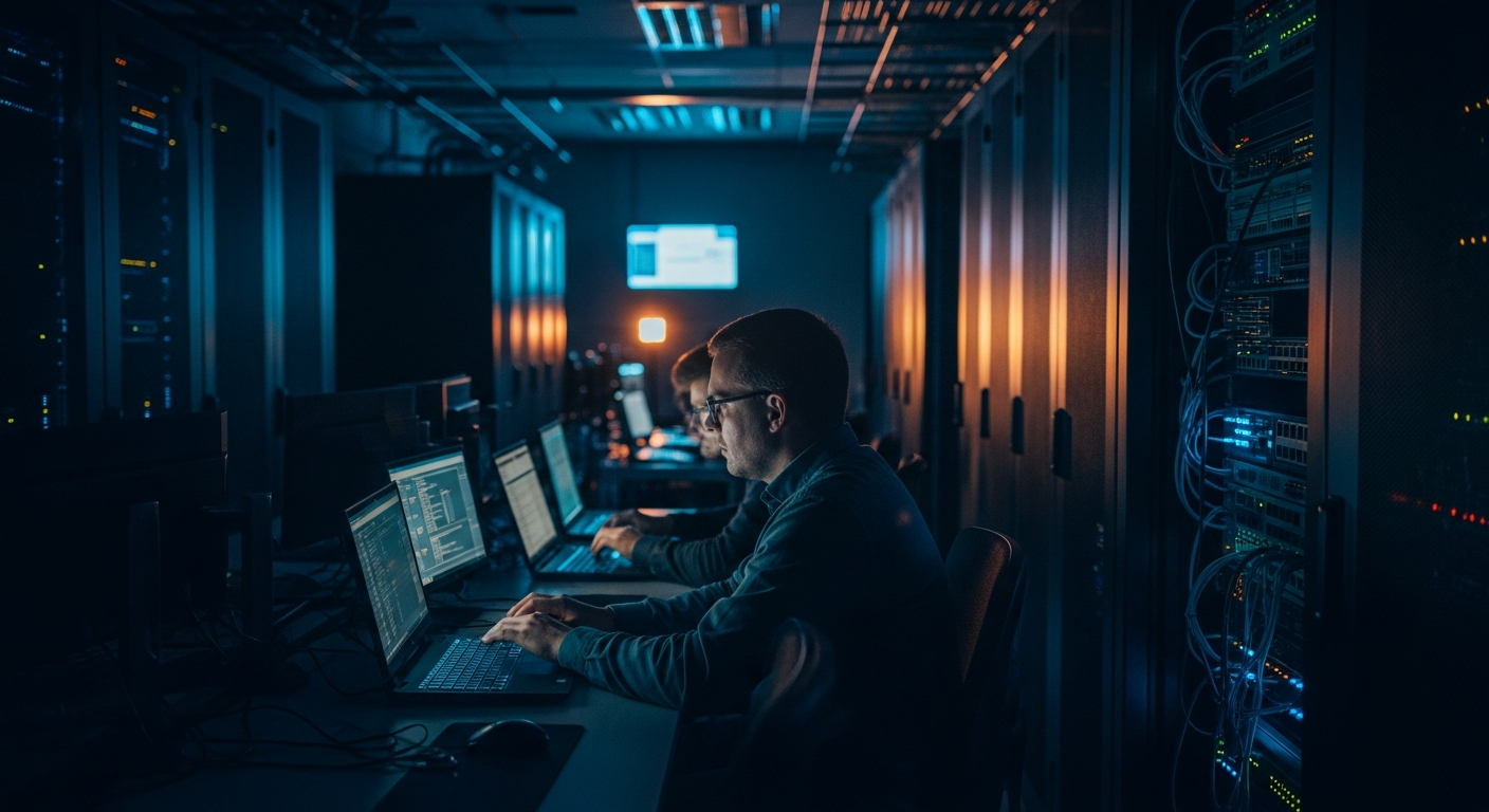 security incident response - Wide shot of a server room or data center corridor with blurred racks and networking equipment, conveying the physical infrastructure at stake during an actual security incident when response plans are put into real-world action.