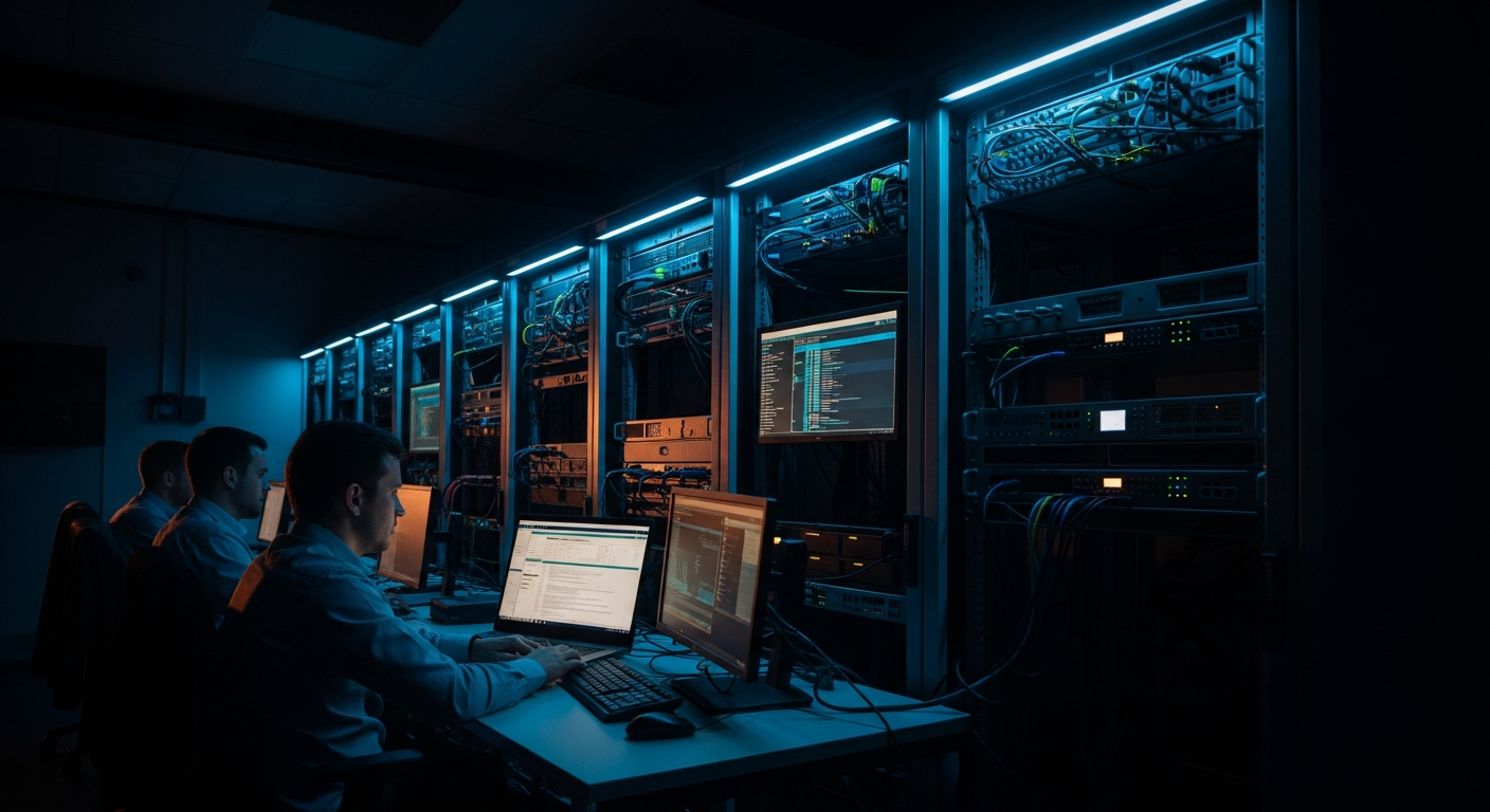 SLA escalation matrix — Wide shot of a server room or network equipment rack with multiple tiers of hardware stacked vertically, photographed at an angle to visually represent the hierarchical levels and hand-off structure of an escalation chain.