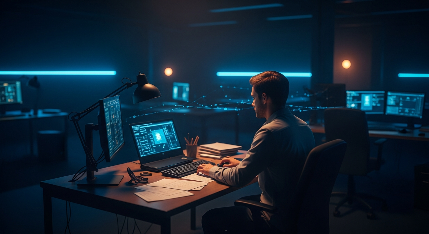 state-sponsored attacks on critical infrastructure - Wide shot of a small office workspace with a computer terminal and documents scattered on a desk, with subtle visual elements (shadow, lighting) suggesting unseen network vulnerability or invisible connection to larger systems in the background.