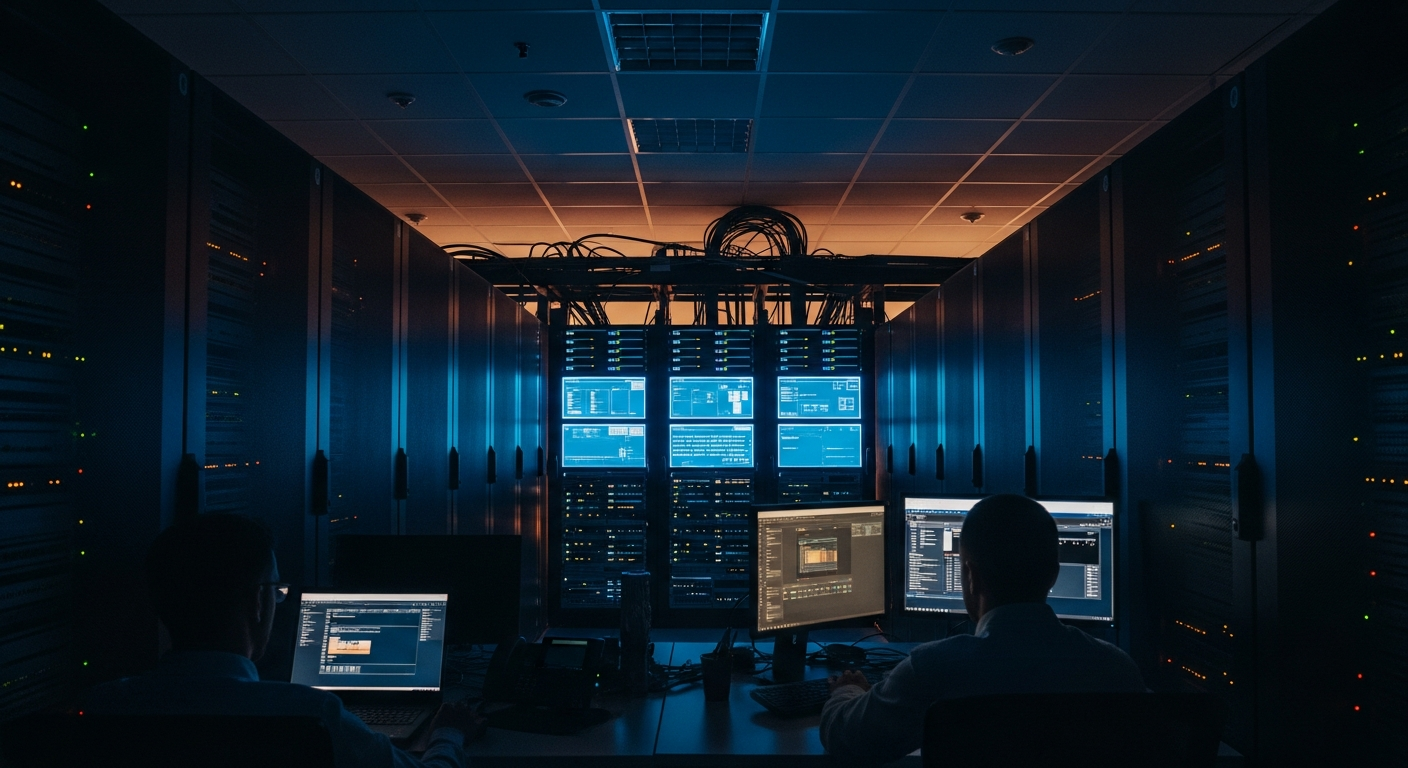 synthetic identity fraud - Wide shot of a server room or data center with rows of servers and blinking lights, photographed at an angle to convey scale and the technological infrastructure underlying identity verification systems.