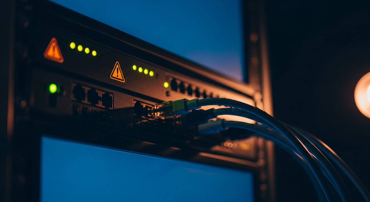 ransomware supply chain disruption — Close-up of a computer server or network equipment with warning lights illuminated and cables disconnected, emphasizing the physical infrastructure failure rather than people or screens.
