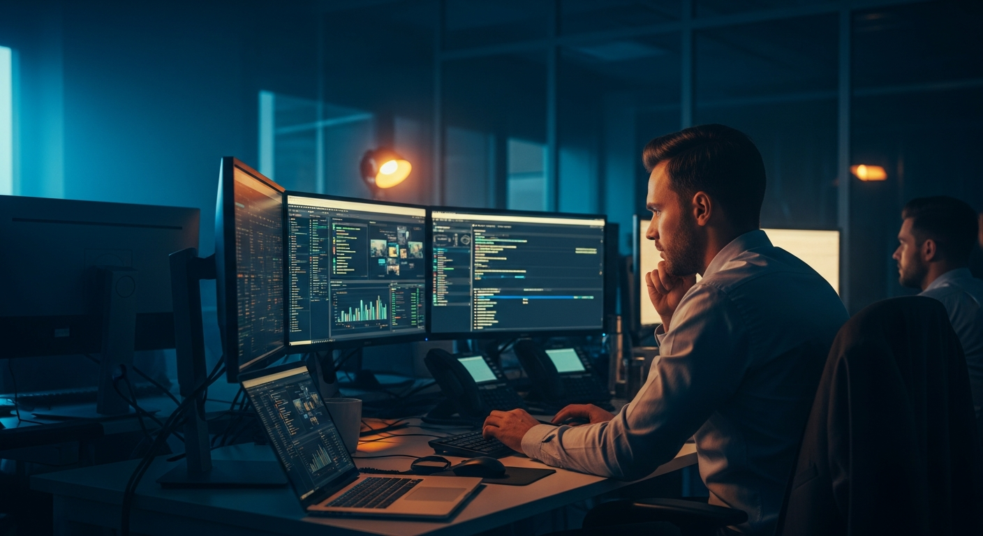 third-party IT vendor breaches - Wide shot of a professional sitting at a desk in an office environment, looking at multiple computer monitors displaying system dashboards and alert notifications, with visible concern or tension in their posture.