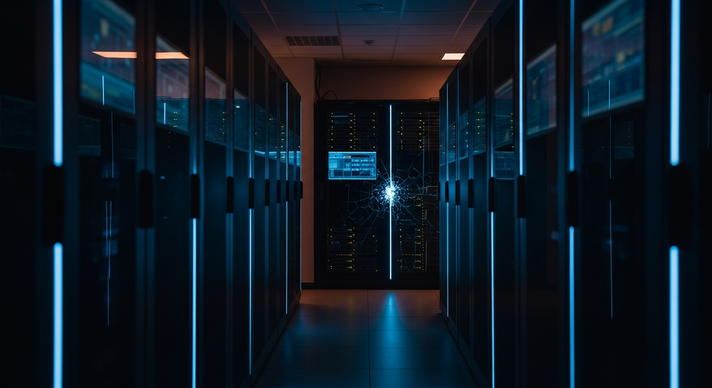 third-party vendor risk - Wide shot of a server room corridor with rows of illuminated server racks receding into depth, with one rack in the foreground subtly highlighted or fractured, representing hidden vulnerability within trusted infrastructure.