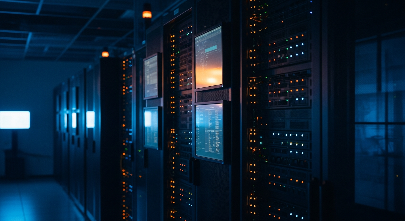 vendor risk - Wide shot of a data center server room with multiple server racks and blinking lights, photographed at an angled perspective to emphasize the scale and complexity of shared infrastructure that individual customers cannot see or control.
