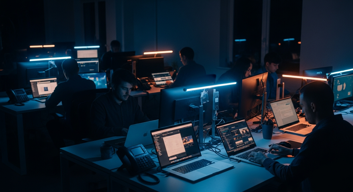 vulnerability exploitation - Wide-angle view of a small business office workspace with multiple unmanaged devices (laptops, tablets, phones) scattered across desks in various states of use, shot at eye level to show the reality of device proliferation in SMBs.