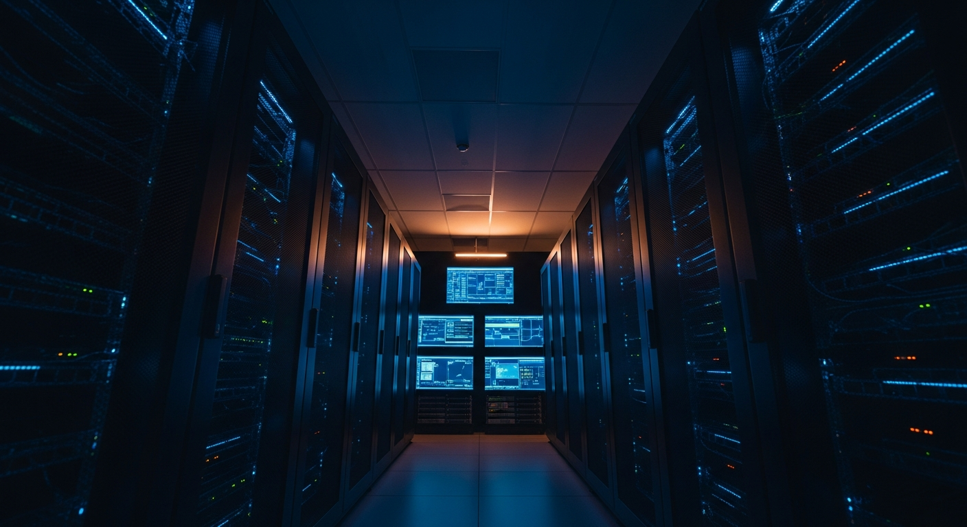 healthcare-adjacent business liability - Wide shot of a server room or data center with rows of servers and network equipment, photographed from a low angle to emphasize scale and the complexity of interconnected systems that handle protected health information.