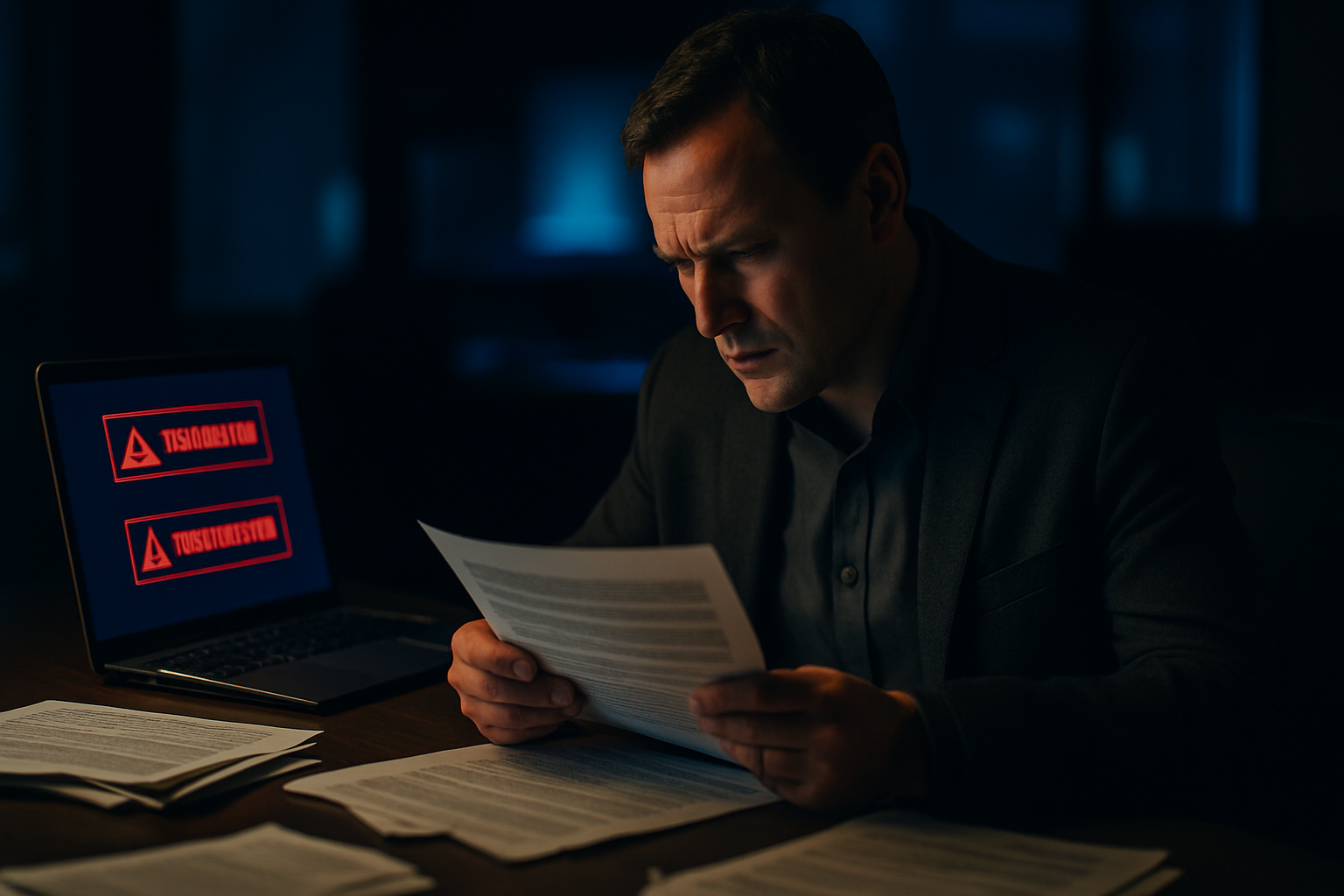 shared cloud infrastructure breach — Wide shot of a corporate office desk with a laptop displaying security alerts and breach notifications, scattered documents, and a concerned professional reviewing liability paperwork in natural lighting.