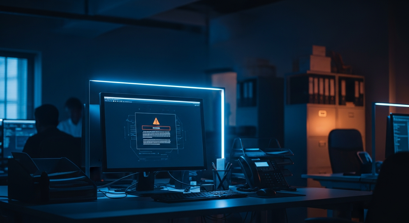 professional services firms ransomware targets — Wide-angle view of a professional office workspace with a desk, computer monitor showing encrypted files or a warning notification, and filing cabinets in soft focus background, conveying the everyday environment where sensitive client data is stored.