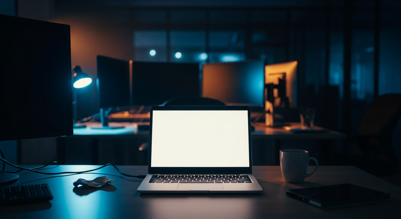 AI adoption for small businesses - Wide shot of an empty office desk with a laptop showing a blank screen and an abandoned coffee mug, symbolizing the organizational abandonment that occurs when AI pilots lose momentum without proper structure and accountability.