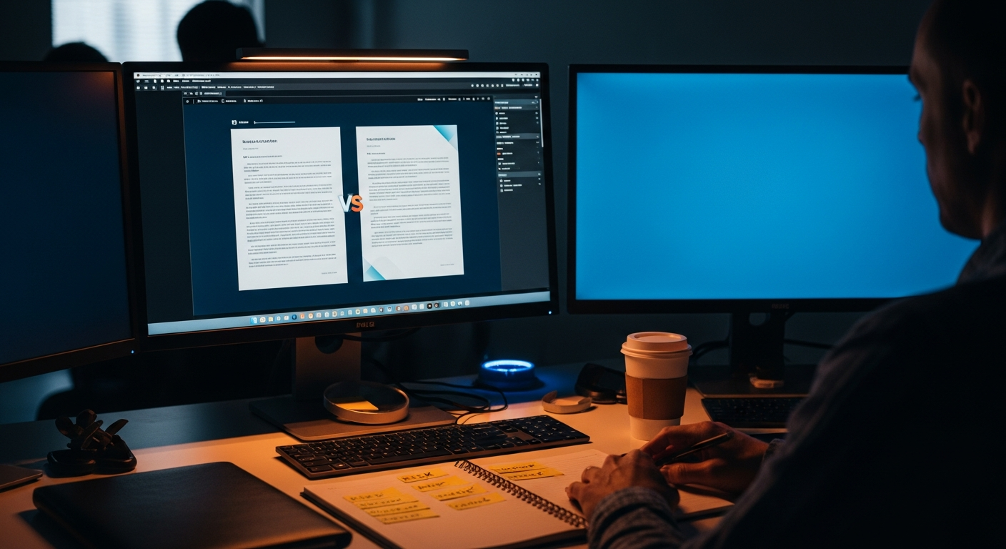 AI contract review for small business — Wide shot of a clean desk workspace with a desktop monitor showing a document comparison side-by-side, a notebook with flagged risk notes, and a coffee cup, conveying structured preparation before attorney review.