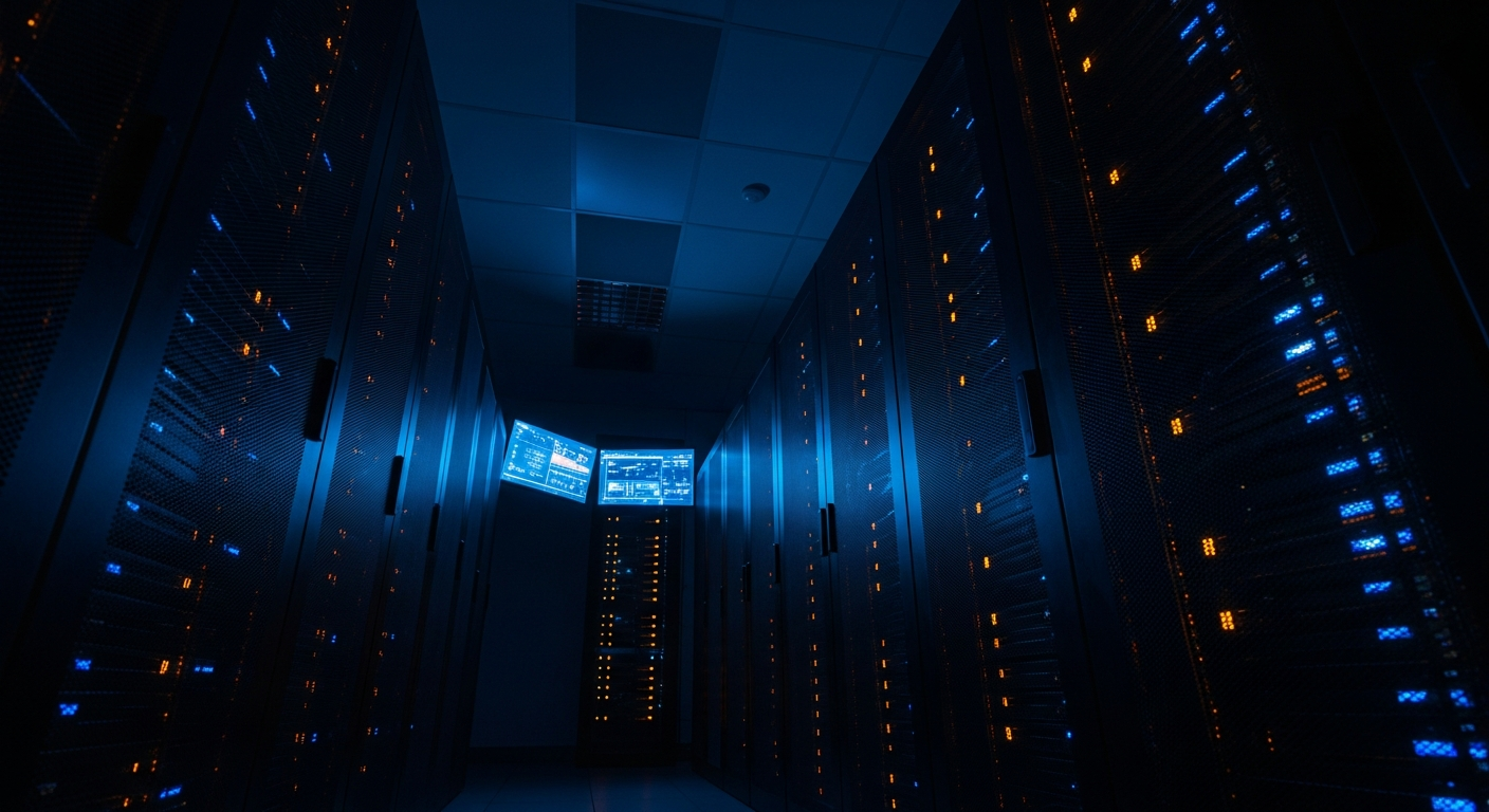 AI meeting transcription tools - Wide shot of server room with glowing hard drives and storage units, photographed from a low angle to emphasize the scale and vulnerability of stored digital data in dim blue-tinted lighting.