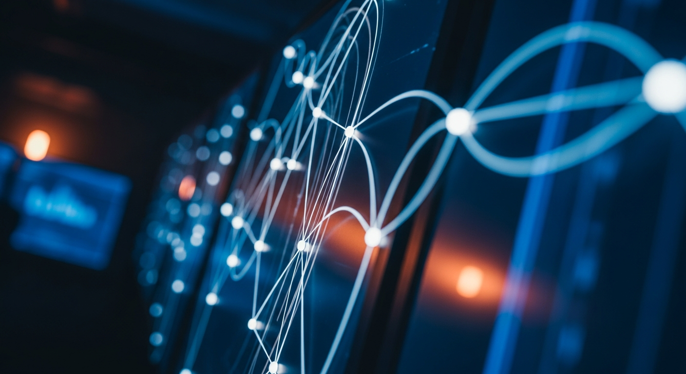 AI operating layer — Close-up of interconnected nodes or pathways of light flowing through an abstract network structure, suggesting unified systems and compounding capability rather than isolated point solutions.