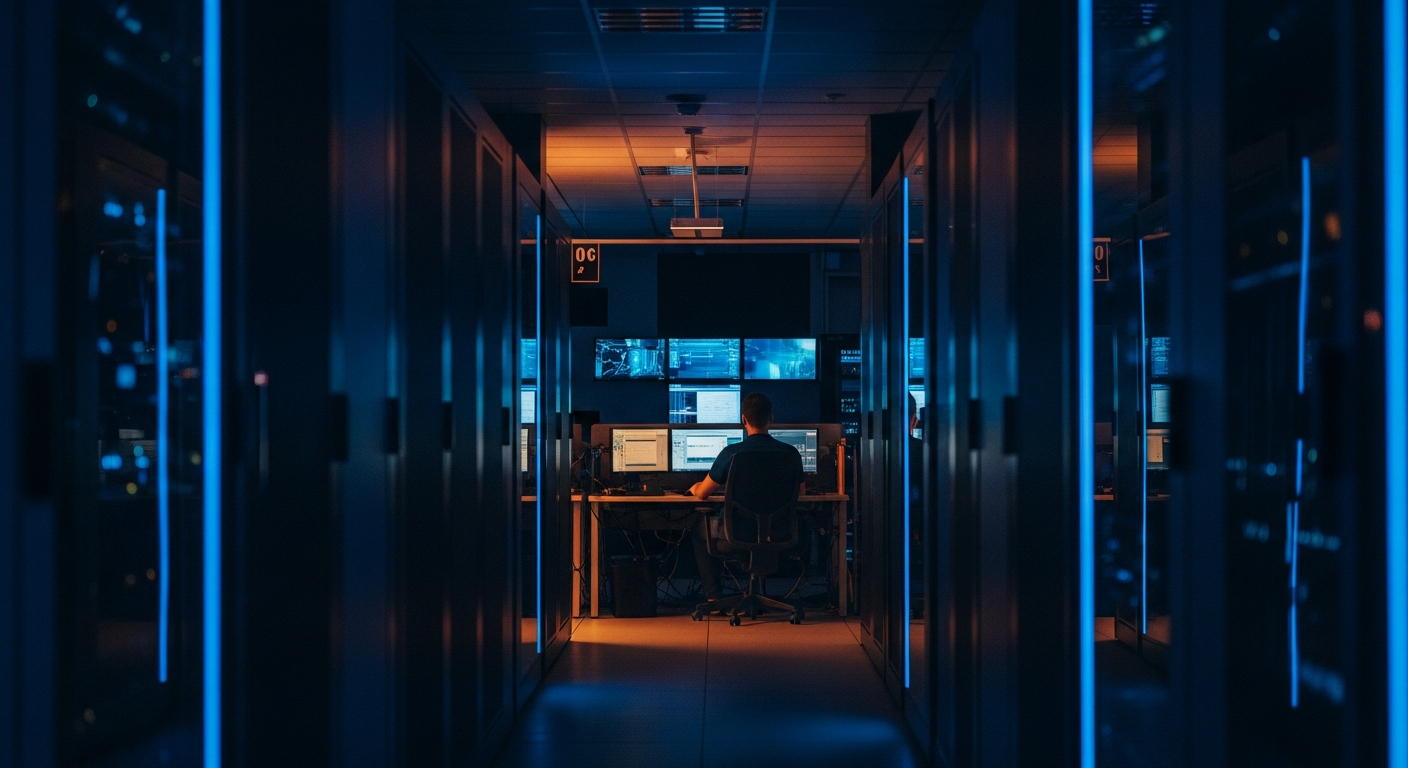 AI pilot stalls — Wide shot of a server room or data center corridor with rows of equipment and blurred lights, emphasizing the infrastructure and operational systems that must support scaled deployment.