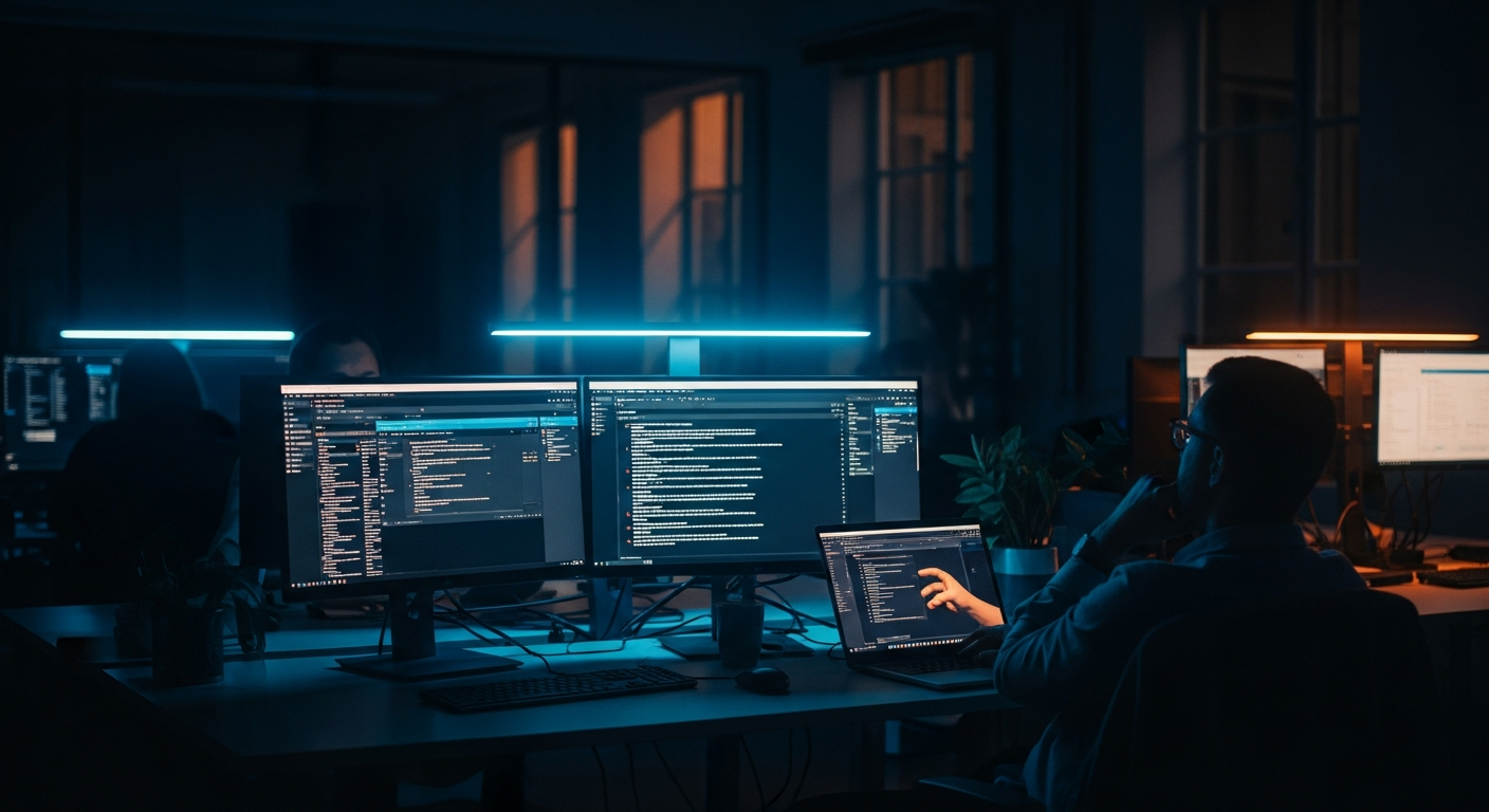 AI prompt design for small business - Wide shot of a modern office workspace with multiple monitors displaying text and data, showing the moment of uncertainty or review - perhaps a person leaning back in thought or examining screen content critically, capturing the decision-making tension.