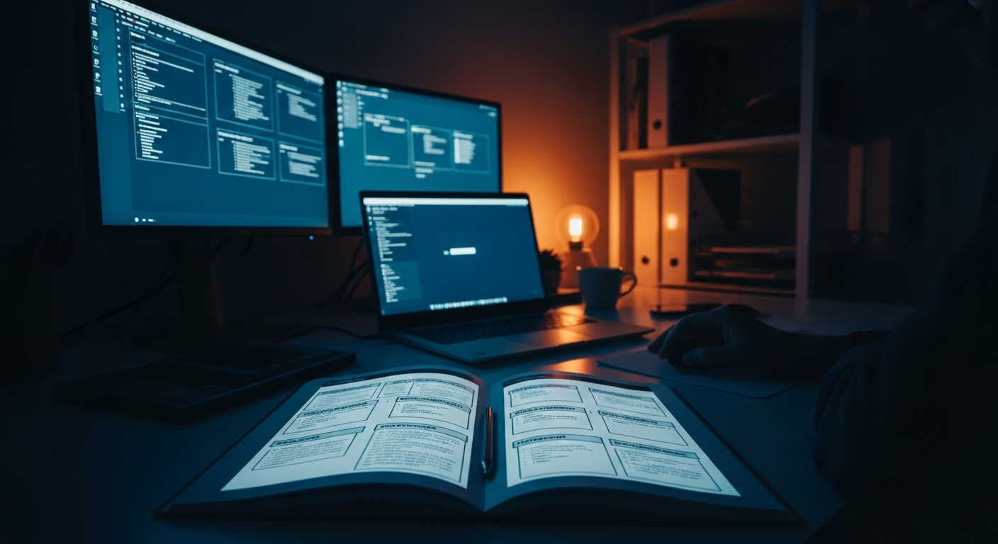 AI proposal writing for small business — Wide shot of a minimalist home office workspace with an open notebook displaying a structured template outline, laptop screen glowing softly in background, and filing system visible on shelf.