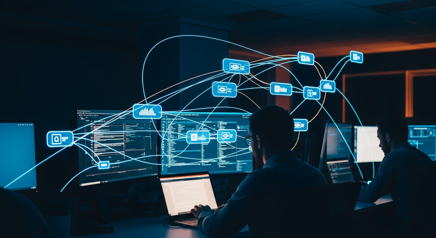 AI reporting workflow — Abstract macro photograph of interconnected data nodes or flowchart-style diagrams rendered in light trails or glowing lines against a dark background, representing an automated workflow system without any human presence or interface elements.