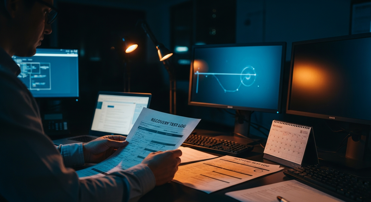 backup and recovery testing — Wide shot of a person in an office or control room reviewing printed recovery test logs and documentation on a desk, with a calendar or checklist visible, representing the process and accountability verification that separates theory from proof.