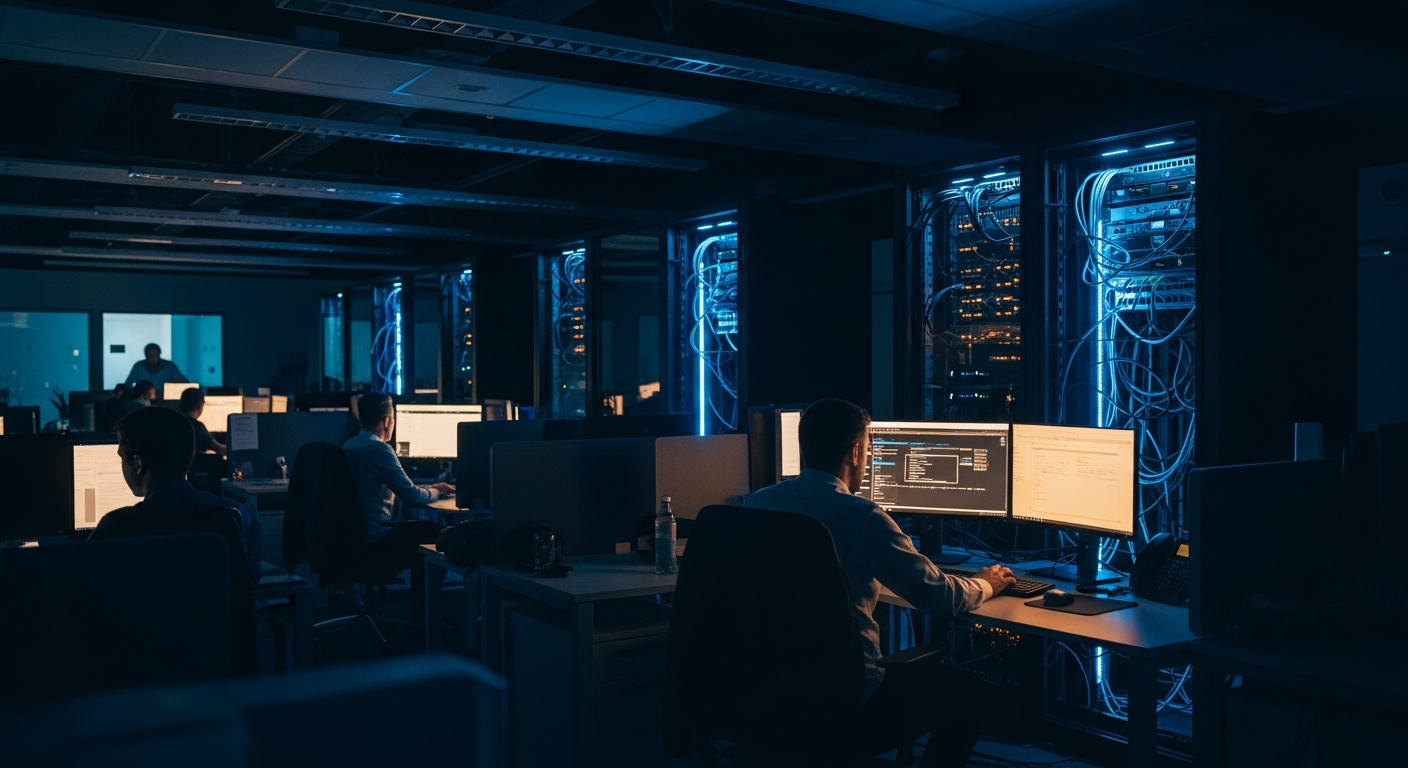 business email compromise losses - Wide shot of a modern office server room or network infrastructure with illuminated equipment and cables, symbolizing the detection and monitoring systems that fail to catch compromise schemes during their dwell time.