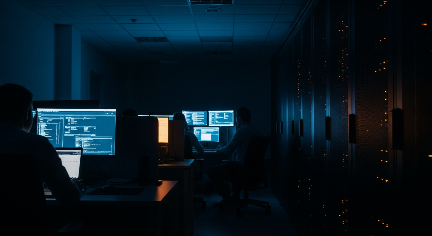 IT escalation path — Wide shot of a server room or data center at night with minimal lighting, emphasizing the physical infrastructure and the isolation of the environment where 2am incidents actually occur.
