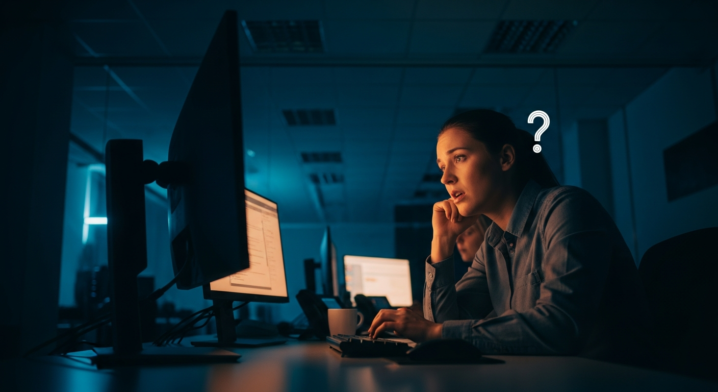 IT helpdesk impersonation - Wide shot of a confused employee at their desk looking at their computer monitor, captured from a low angle to convey vulnerability and the human target of the impersonation attack.