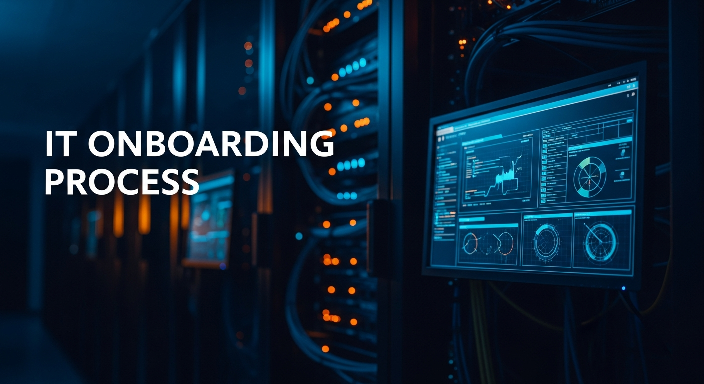IT onboarding process - Wide shot of server room or network equipment in soft focus with a single illuminated monitoring screen in sharp focus displaying system diagnostics, representing the technical versus strategic thinking divide.