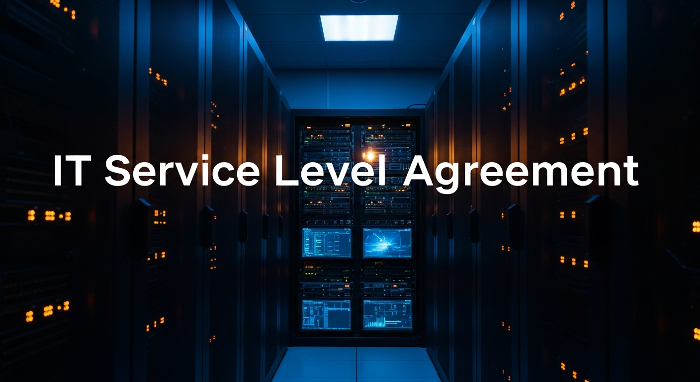 IT service level agreement — Wide-angle view of a server room with multiple racks of equipment and blinking indicator lights, emphasizing the physical infrastructure behind service commitments.