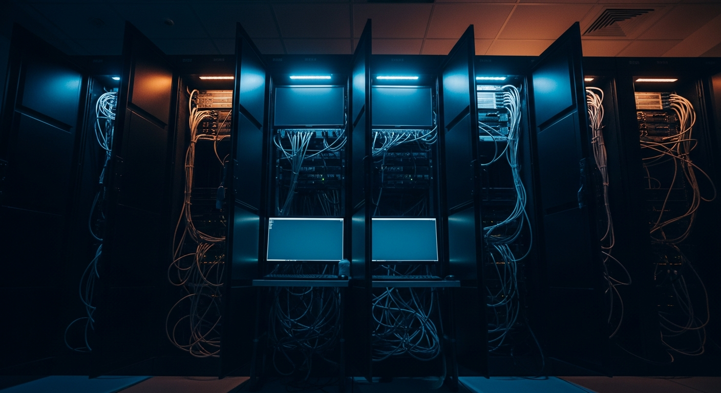 IT services subcontractor clauses — Wide shot of a server room with multiple open cabinet doors and tangled cables, photographed from a low angle to convey complexity and the sense of unseen access points within systems.