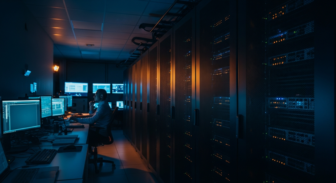 IT vendor security incidents - Wide shot of a server room or data center with rows of lit server racks, photographed at an angle to emphasize the depth and scale of infrastructure that represents the critical access point vendors possess.