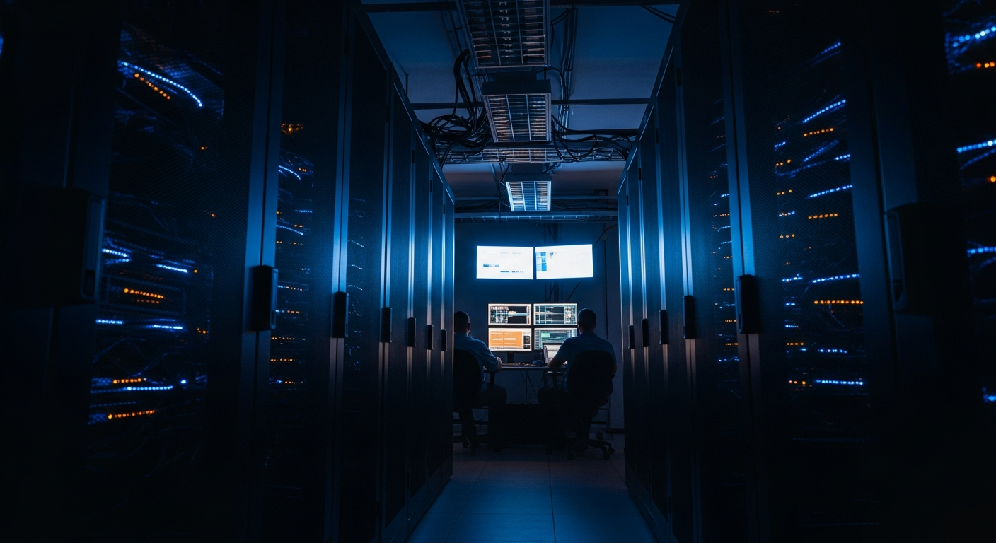 IT vendor staff vetting - Wide shot of a server room with rack-mounted equipment and blinking lights, photographed from a low angle to convey the high-stakes infrastructure that requires trusted administrative access.