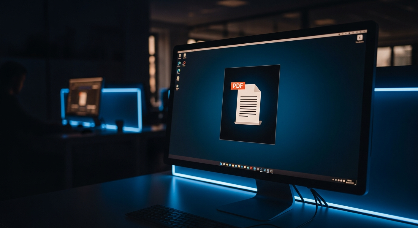 LinkedIn impersonation attacks - Wide shot of a computer monitor in an office environment showing a suspicious PDF or document file icon on the desktop, with the screen reflecting uncertainty or caution, shot from an angle that emphasizes the screen as the focal point.