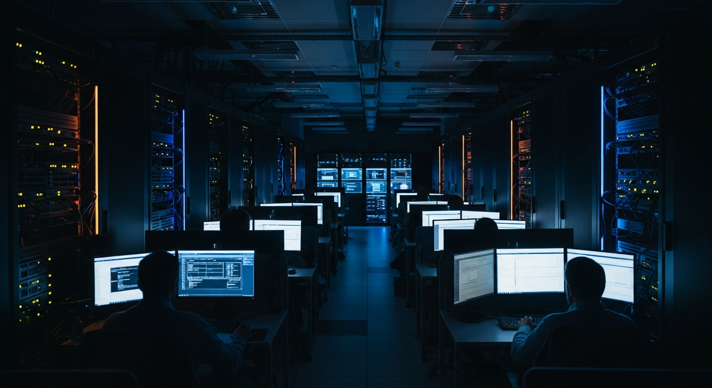 Microsoft 365 audit log gaps — Wide shot of a dimly lit server room with rows of server racks and blinking indicator lights, emphasizing the scale of infrastructure while suggesting the hidden activity occurring within logging systems.