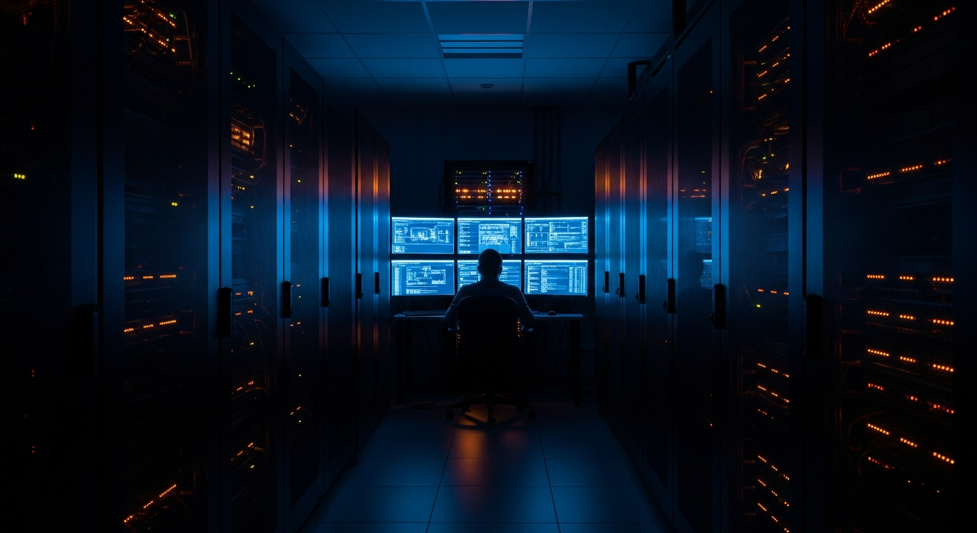 OAuth application abuse - Wide shot of a server room with rows of server racks and glowing network equipment, suggesting persistent backend access and silent tenant compromise within cloud infrastructure.