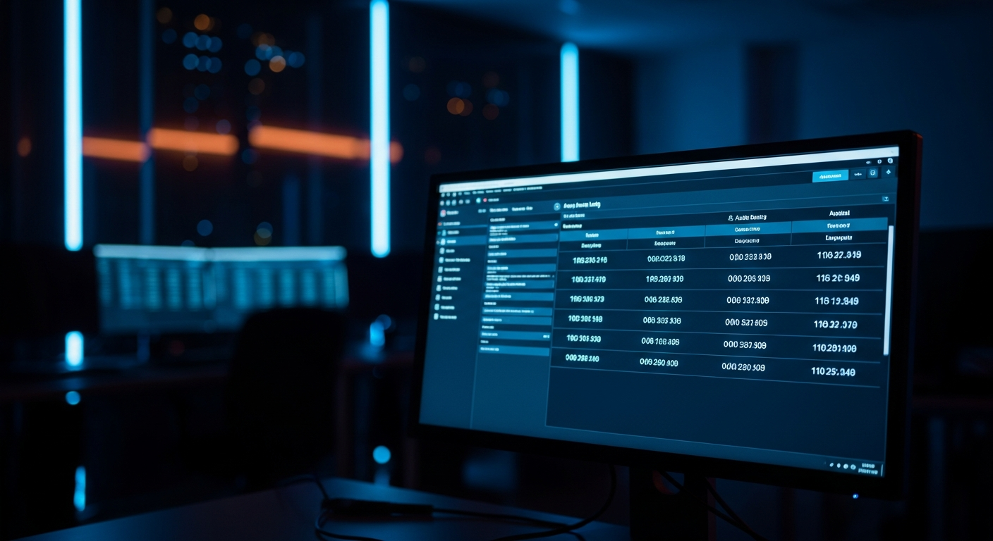 privileged access management — Wide shot of a computer monitor displaying an audit log or access control dashboard with timestamps and user activity data, set in a dimly lit server room or tech workspace.