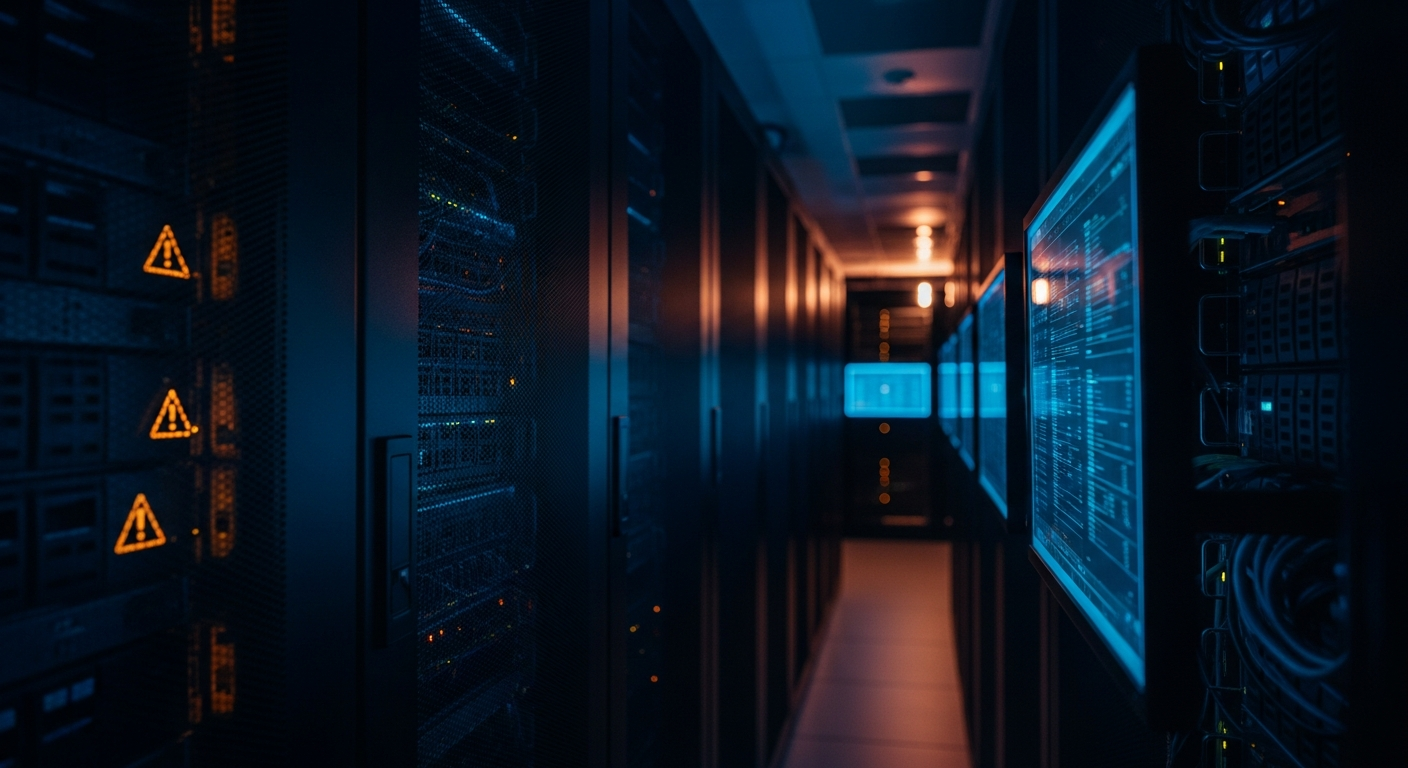ransomware backup deletion - Wide-angle view inside a server room showing rows of backup storage equipment and network infrastructure with warning lights or error indicators visible on the hardware panels.