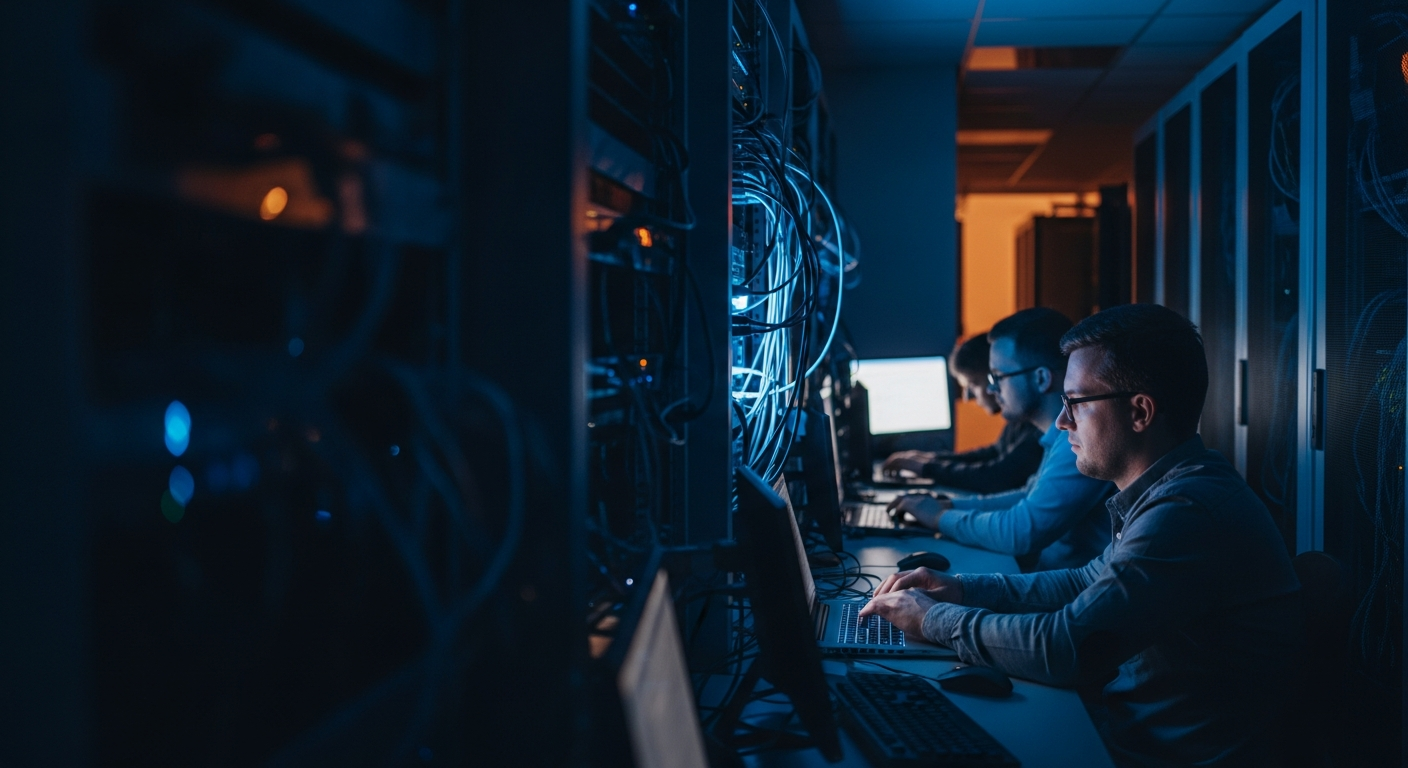 ransomware target selection — Wide-angle shot of a dimly lit server room or network infrastructure with blurred rack-mounted equipment and cables, emphasizing the technical network environment that affiliates are researching and planning to infiltrate before execution begins.