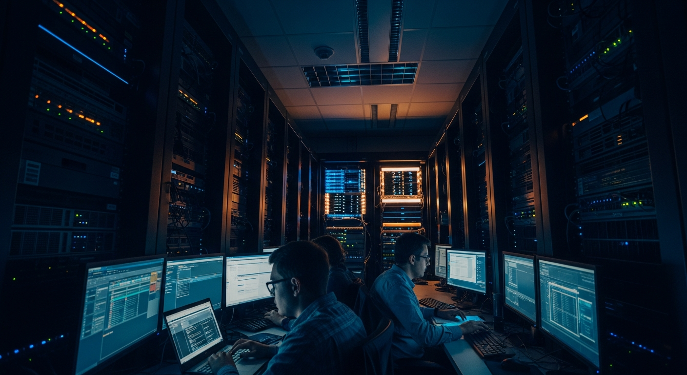remote access tool abuse — Wide shot of a server room with rows of equipment and blinking status lights, photographed from a low angle to emphasize the scale and complexity of infrastructure that attackers seek to infiltrate.