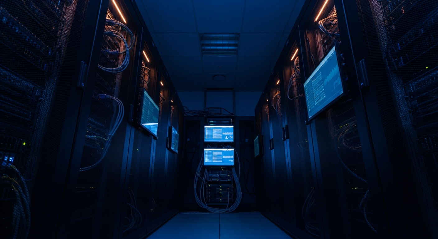 session token theft — Wide shot of server room with multiple server racks and network cables, photographed from a low angle to convey the backend infrastructure where session tokens are validated and where attackers gain unauthorized access post-authentication.