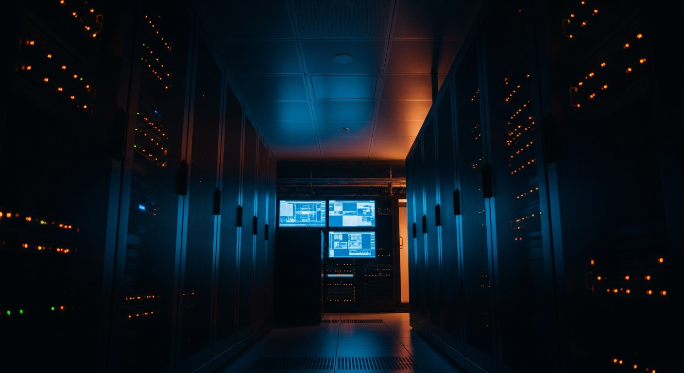vendor insider threat risk - Wide shot of a server room or data center corridor with rows of server racks and blinking lights, photographed from a low angle to convey the scale of infrastructure that contractors have access to.