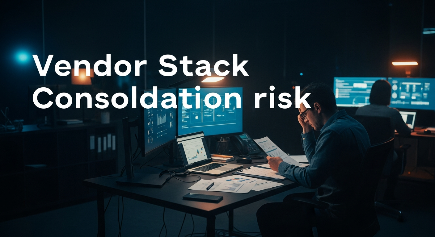 vendor stack consolidation risk - Wide shot of a small business office workspace with a laptop and documents scattered on a desk, single employee looking stressed while reviewing paperwork, representing the moment of discovery when consolidation risks surface.