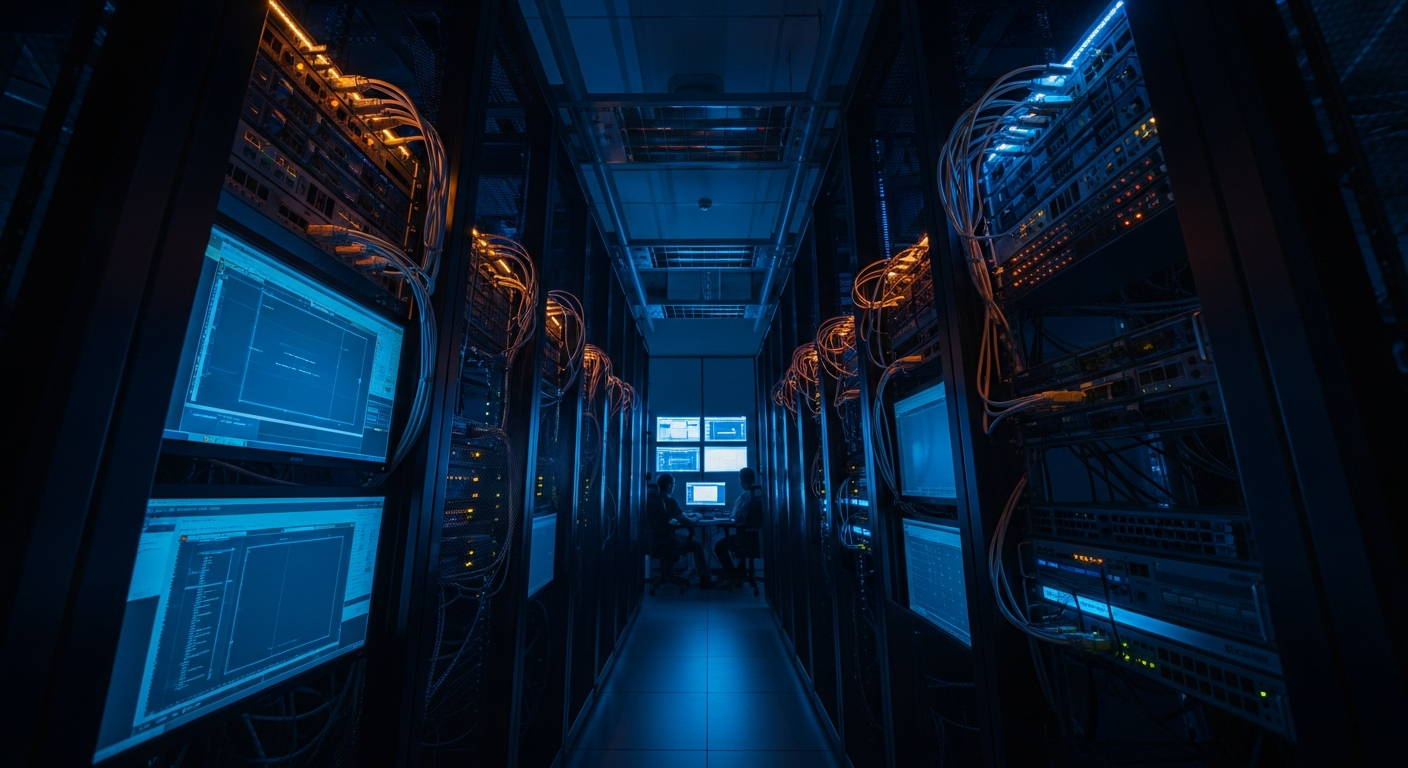 VoIP security threats - Wide shot of a server room or network equipment rack with blinking status lights and cables, photographed from a low angle to convey the scale and complexity of infrastructure that attackers are exploiting.