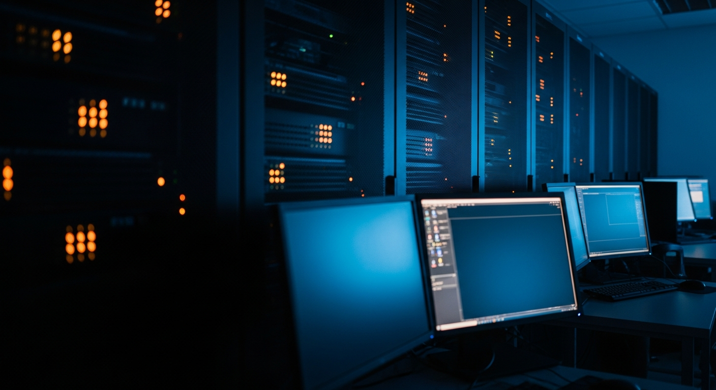 web skimming — Wide shot of a server room with rows of server racks and blinking indicator lights, photographed at an angled perspective to convey the hidden backend infrastructure where compromised code silently operates undetected.