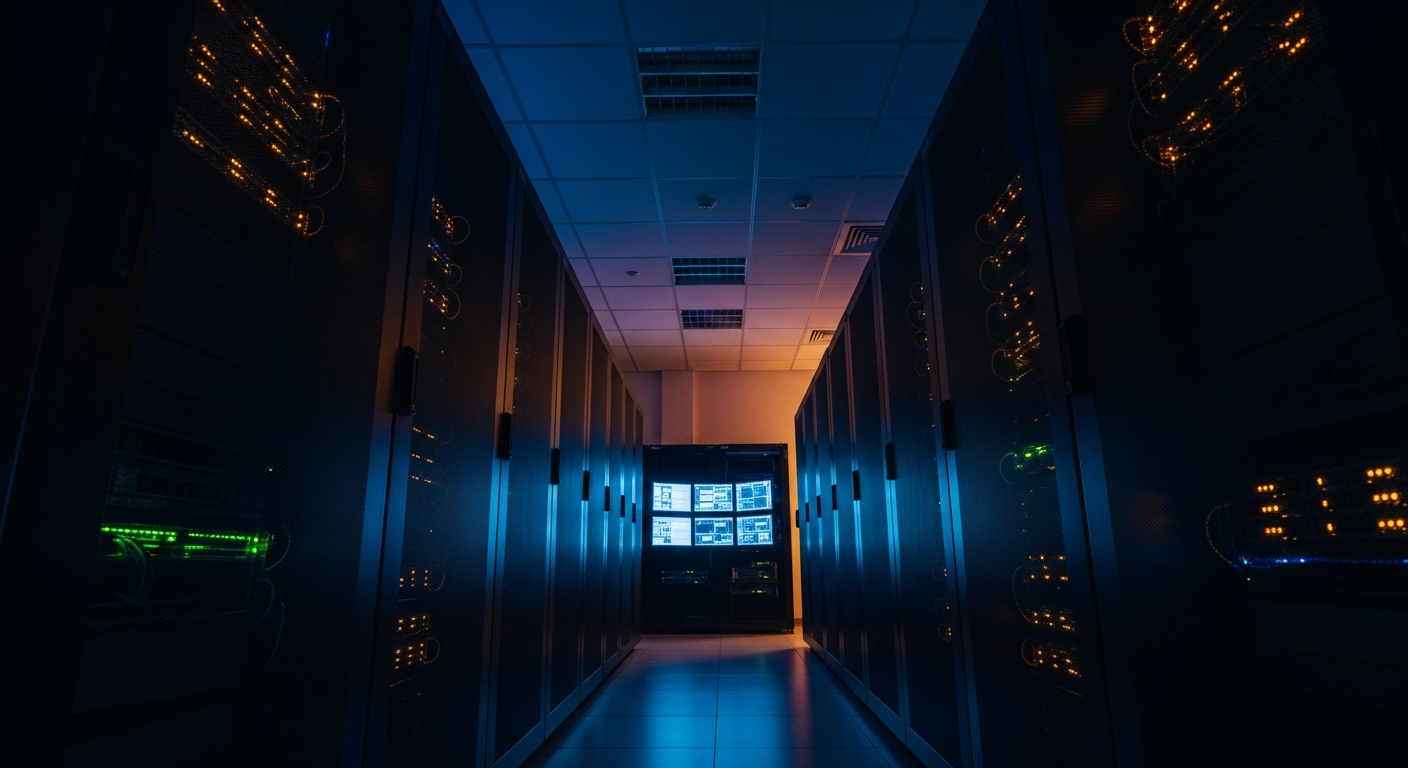 business email compromise — Wide shot of a network server room with rows of server racks and blinking lights, photographed from a low angle to convey the hidden infrastructure perspective of attackers using compromised systems as relay points.