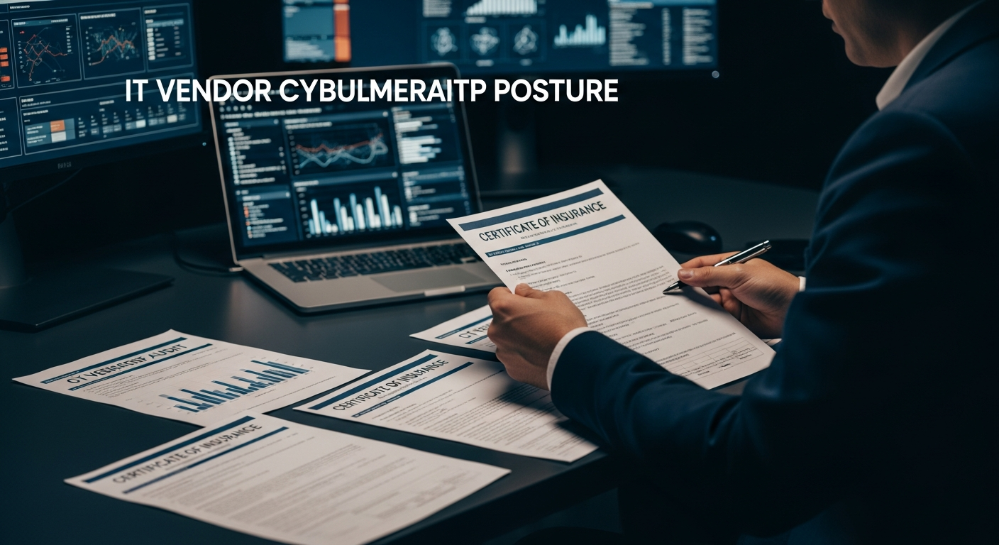 IT vendor cybersecurity posture — Wide shot of a professional reviewing printed security audit documents and certificates of insurance spread across a desk, with a laptop displaying compliance dashboards in soft focus behind.