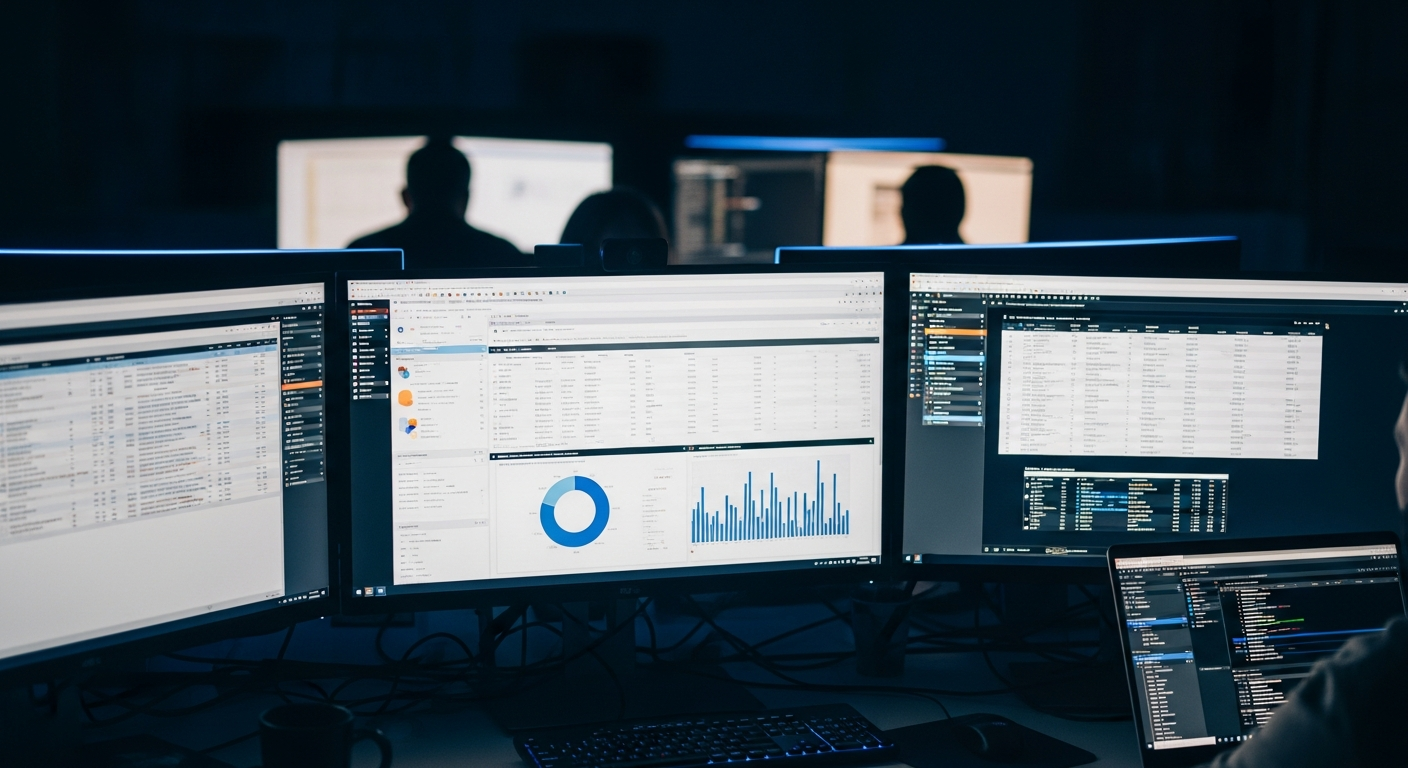 AI board reporting - Wide shot of multiple monitor screens displaying different data sources - spreadsheets, charts, and tables - side by side in an office setting, showing the fragmented data collection problem.