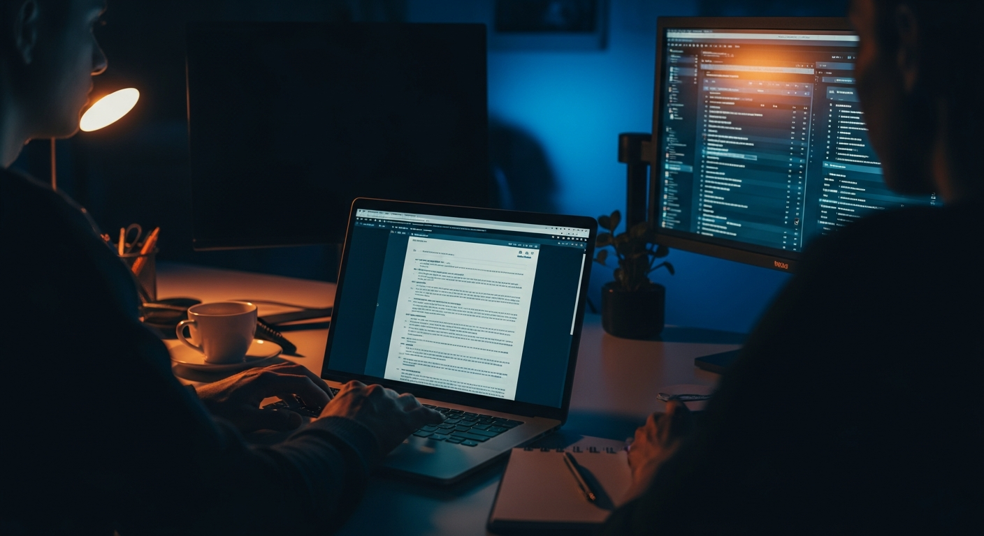 AI contract review - Wide shot of a laptop screen displaying a document or spreadsheet in a minimalist home office setting, with a coffee cup and pen nearby, capturing the solitary workflow of reviewing terms independently.