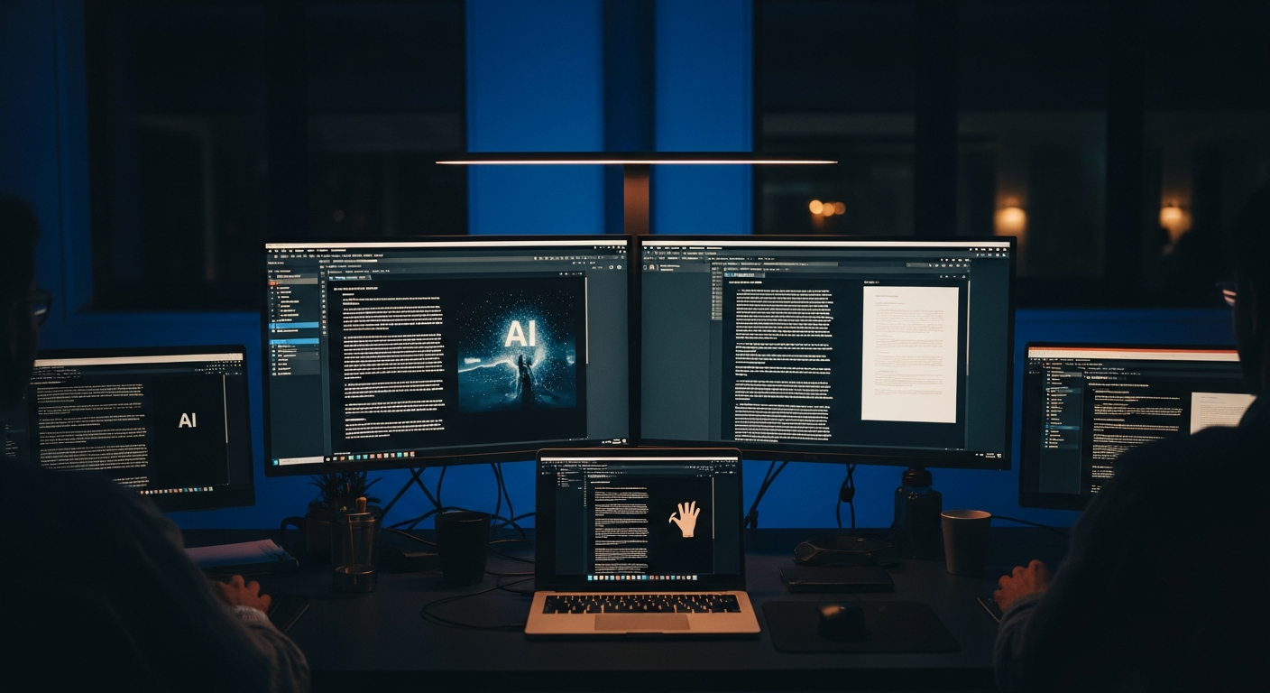 AI drafting workflow - Wide shot of a desk workspace with multiple monitors displaying text documents side-by-side, one screen showing AI-generated content and another showing source materials and reference documents, capturing the context-feeding workflow.