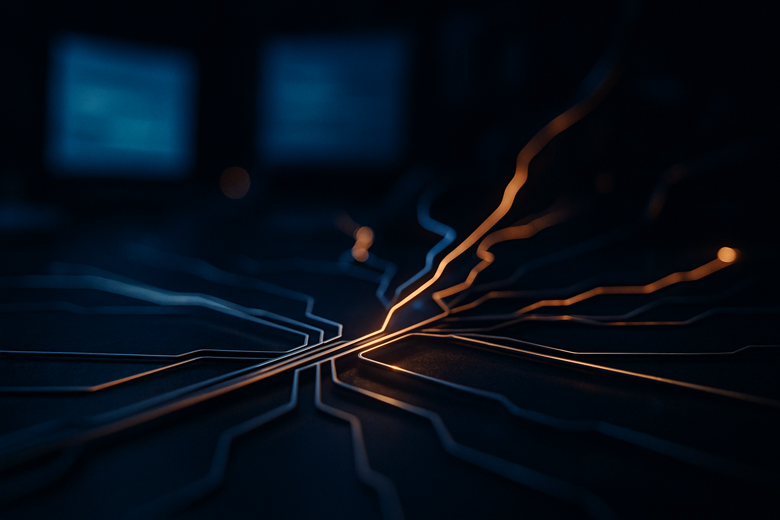 AI for client communication - Abstract macro photography of a branching network of light paths or circuit-like patterns splitting into multiple directions, representing the decision points and workflow branches in AI implementation.