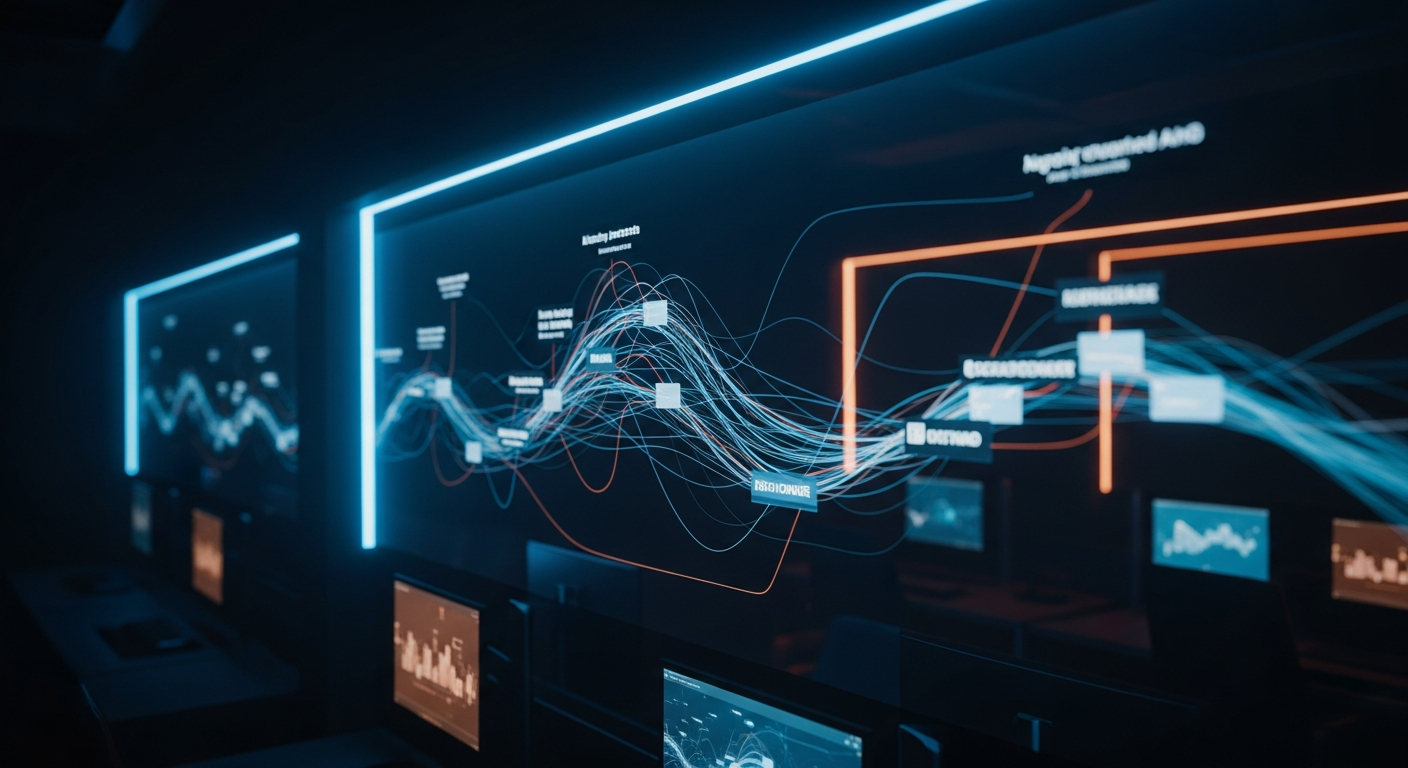 AI-generated phishing emails — Wide shot of an abstract data visualization or network diagram with flowing lines and nodes, suggesting AI processing and language generation without any human figures or identifiable text.